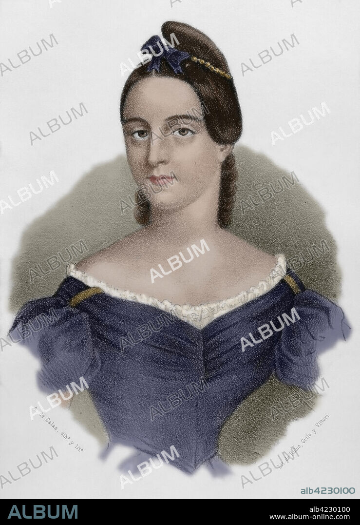 Mariana Pineda (1804-1831). Heroína española, símbolo liberal de la lucha contra el poder absolutista del rey Fernando VII. Retrato. Dibujo por A. de Salas. Litografía. Coloreada. Crónica General de España, Historia Ilustrada y Descriptiva de sus Provincias. Andalucía, 1869.