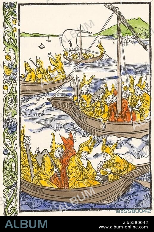 Brant, Sebastian; Dichter und Humanist. um 1457/58 - 1521. Werke: Das Narrenschiff. Narren auf Fahrt. Illustration zu Kapitel 48. Holzschnitt, koloriert, Albrecht Dürer. (1471-1528), zugeschrieben. Gedruckt bei Johann Bergmann von Olpe, Basel 1494.