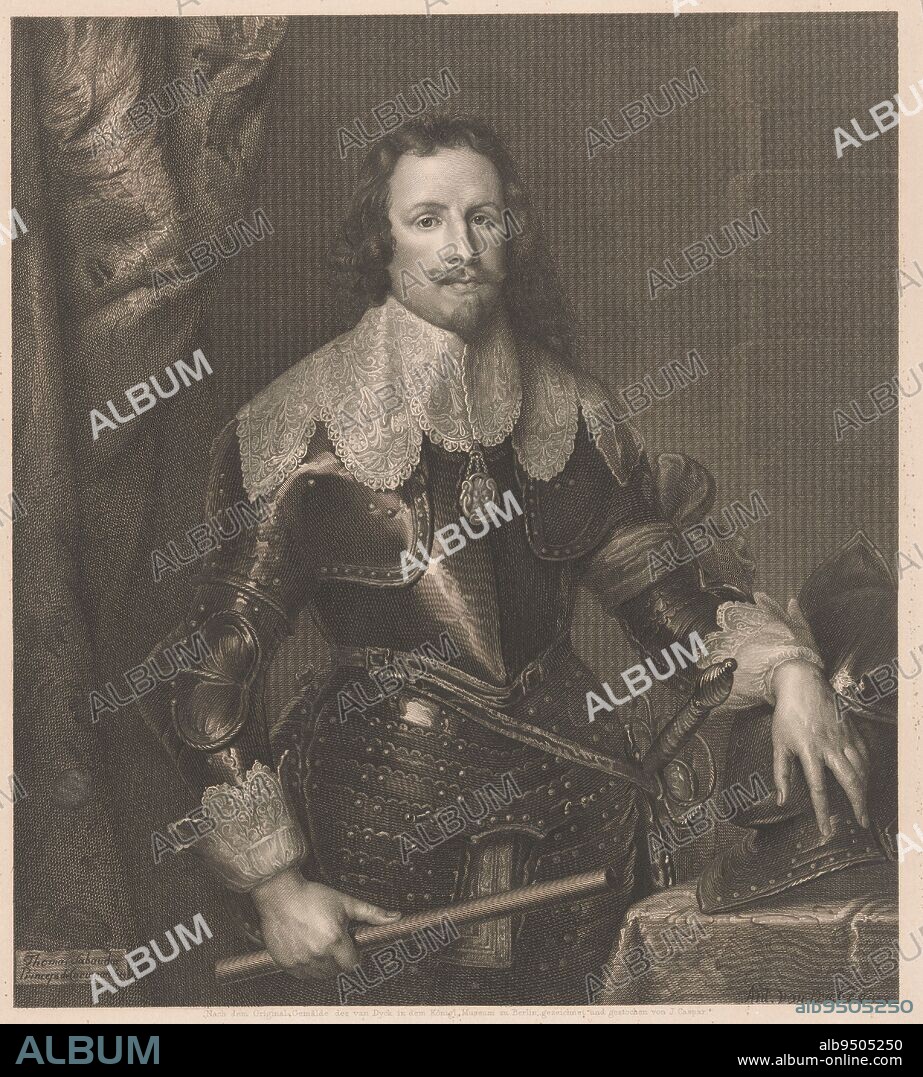 Portrait of Francesco Tommaso of Savoy, Prince of Carignano, print maker: Joseph Caspar, (mentioned on object), Joseph Caspar, (mentioned on object), after: Anthony van Dyck, (mentioned on object), Berlin, 1840 - 1861, paper, etching, engraving, h 464 mm × w 331 mm.