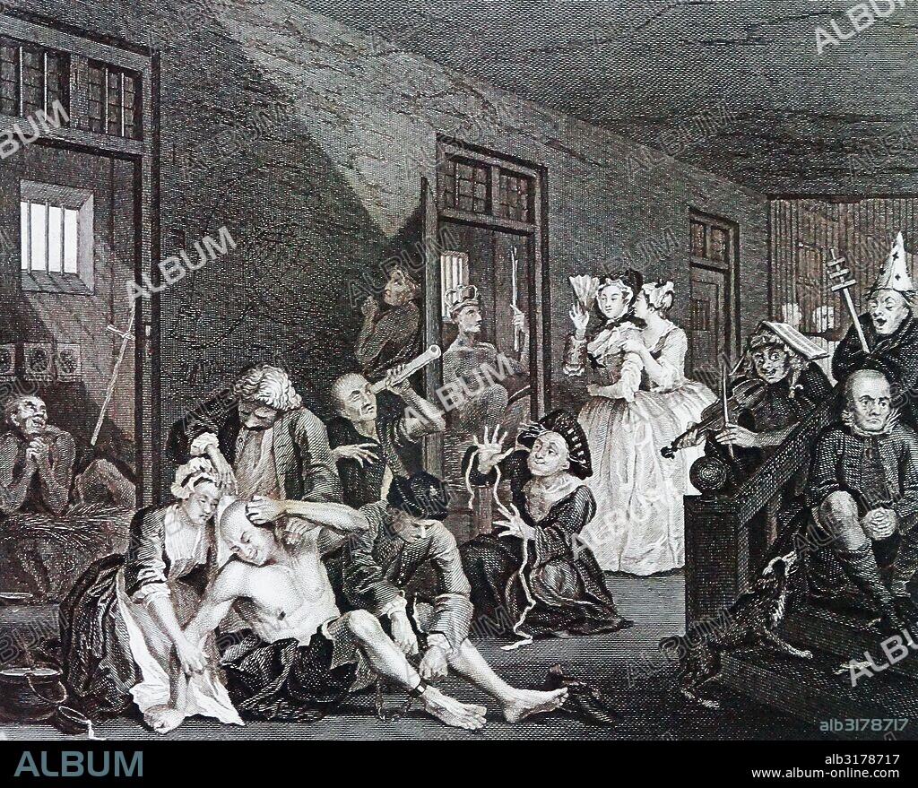 Bedlam from 'A Rake's Progress' 1733, By William Hogarth (1697 – 1764). English painter, printmaker, satiriSaint The series shows the decline and fall of Tom Rakewell, the spendthrift son and heir of a rich merchant, who comes to London, wastes all his money on luxurious living, prostitution and gambling Finally insane and violent, in the eighth painting he ends his days in Bethlehem Hospital (Bedlam), London's celebrated mental asylum. Only Sarah Young is there to comfort him, but Rakewell continues to ignore her.