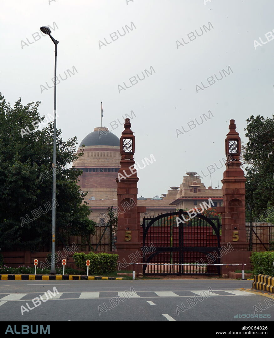 The Rashtrapati Bhavan (Presidential Residence), formerly known as Viceroy's House, is the official home of the President of India, located at the Western end of Rajpath in New Delhi, India. It may refer to only the mansion (the 340-room main building) that has the president's official residence, halls, guest rooms and offices; it may also refer to the entire 130-hectare (320 acre) President Estate that additionally includes huge presidential gardens (Mughal Gardens),.