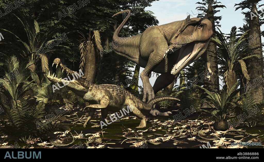A large Carcharodontosaurus attacks a Kaprosuchus. Carcharodontosaurus is a giant predator of North Africa from the mid Creatceous about 95 million years ago. It was about 45 feet long with a large narrow head and shark like teeth. Kaprosuchus was a land based predator and early crocodylomorph about 20-25 feet long. They had an upright posture similar to the much earlier rausuchians and do not appear to have hunted in the water like crocodiles.