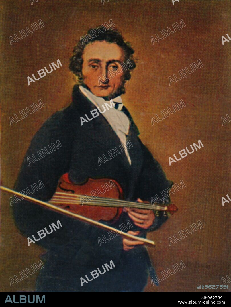 'Niccolò Paganini 1782-1840', 1934. Niccolò Paganini (1782-1840), Italian violinist, violist, guitarist, and composer. He was the most celebrated violin virtuoso of his time, and left his mark as one of the pillars of modern violin technique. From "Die Großen der Weltgeschichte". [Eckstein-Halpaus, Dresden, 1934].