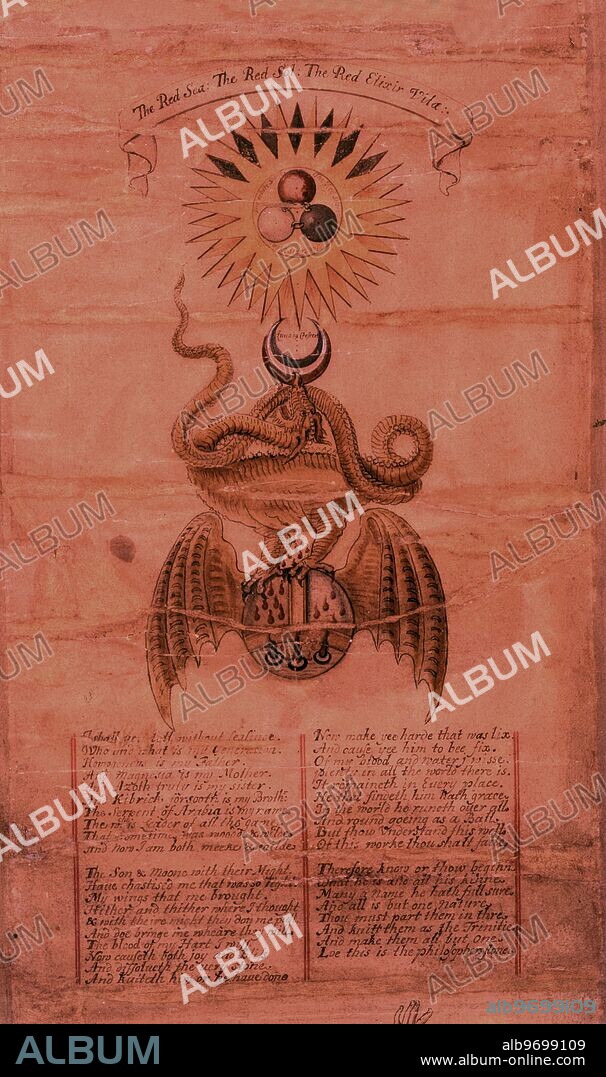 Alchemy from the Ripley Scroll - The Red Sea, The Red Sol, The Red Elixir Vitae. Sir George Ripley was a famous 15th century English alchemist. ©TopFoto.
