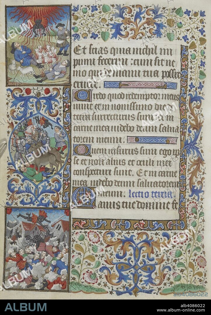 Text page, with illuminated initials and a full foliate border with scenes of a demon setting fire to shepherds and their flock, a demon flying over a battle scene containing two camels, and a demon and wind causing the collapse of several buildings over its inhabitants. Book of Hours, Use of Paris. France, Central (Paris); c. 1440 - c. 1450. Source: Egerton 2019, f.158v. Language: Latin and some French.