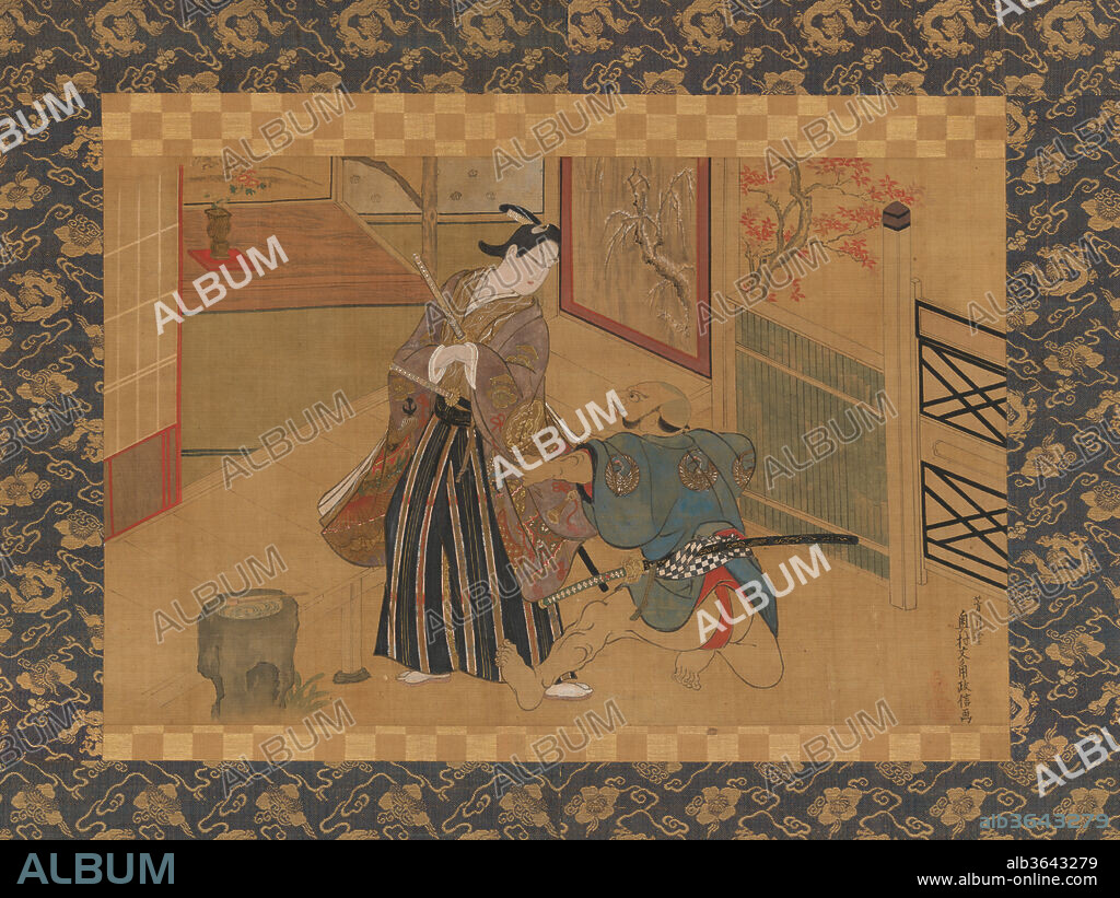 Kabuki Play Kusazuribiki from the Tales of Soga (Soga 
monogatari). Artist: Okumura Masanobu (Japanese, 1686-1764). Culture: Japan. Dimensions: Image: 12 5/16 × 19 5/8 in. (31.3 × 49.9 cm)
Overall with mounting: 49 1/8 × 25 1/8 in. (124.8 × 63.8 cm)
Overall with knobs: 49 1/8 × 27 5/16 in. (124.8 × 69.3 cm). Date: 18th century.