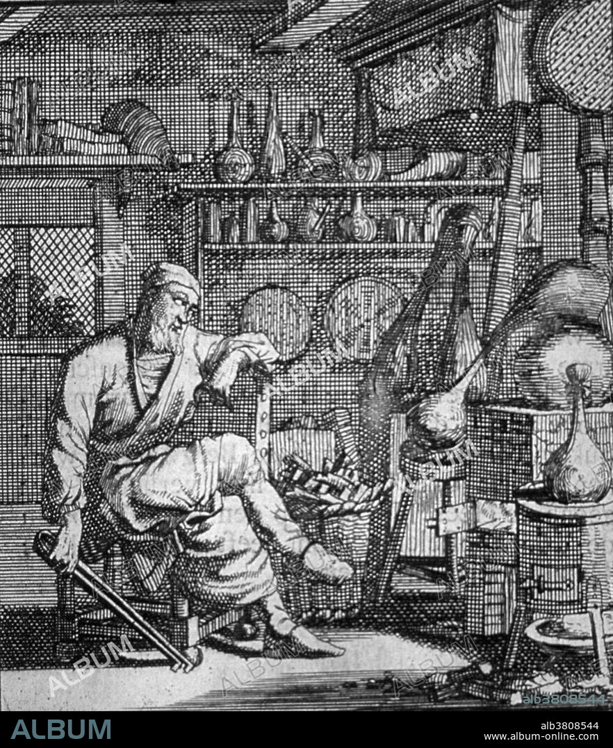 Interior view of an alchemist's shop, showing the alchemist seated before his furnace on which sits a large retort. A retort,  is a vessel used for distillation of substances that are placed inside and subjected to heat. The simple form of retort, used in some laboratories, is a glass or metal bulb having a long, curved spout through which the distillate may pass to enter a receiving vessel. The design dates back to the cucurbit (flask) used by medieval alchemists. Engraving by Johannes Luyken.