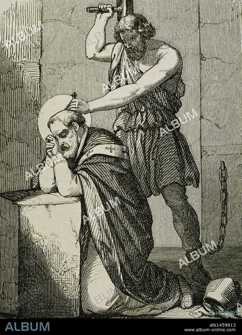 SAN SEVERO (S. IV). Mártir nacido en Barcelona. Obispo de Barcelona, fue martirizado junto con San Emeterio. Le atravesaron la cabeza con un clavo el día 6 de noviembre del año 352. Grabado de Cibera. Año Cristiano 1853.