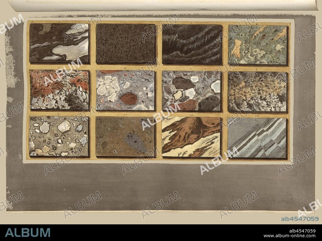 Rock samples from Vesuvius, Samples of various stones from Mount Vesuvius, copperplate engraving, hand colored, plate 50, Fabris, Pietro, 1776, William Hamilton: Campi Phlegraei. Observations on the Volcanos of the two Sicilies. As they have been communicated to the Royal Society of London = Observations sur les volcans des deux Siciles (...). Naples: [s.n.], 1776.