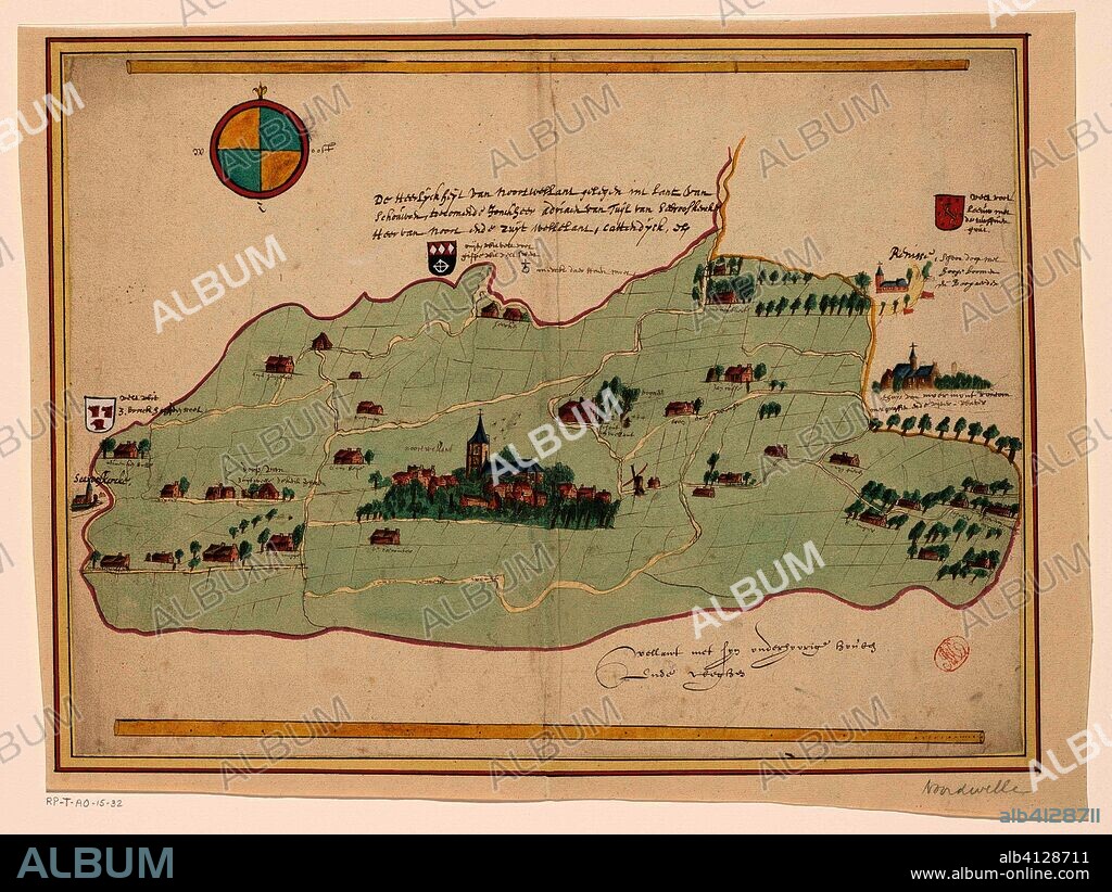 Kaart van de heerlijkheid Noordwelle. De heerlijckheijt van Noortwellant gelegen int lant van Schouwen, toecomende jonckheer Adriaen van Tuijl van Serooskercke heer van Noort ende Zuijt Wellelant, Cattendijck etc / Wellant met syn onderhoorige houben ende weghen (title on object). Draughtsman: anonymous. Dating: 1649 - 1658. Measurements: h 309 mm × w 417 mm; h 355 mm × w 463 mm.