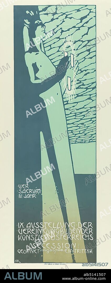 Alfred Roller, Ver Sacrum, Lithographic Institute Albert Berger, XI. Exhibition of the Vereinigung bildender Künstler Österreichs Secession, Lithography, Total: Height: 93,00 cm; Width: 38,70 cm, monogrammed: u. li. in print: AR, exhibition posters, man, standing figure, rays emanating from persons or things, Art Nouveau.