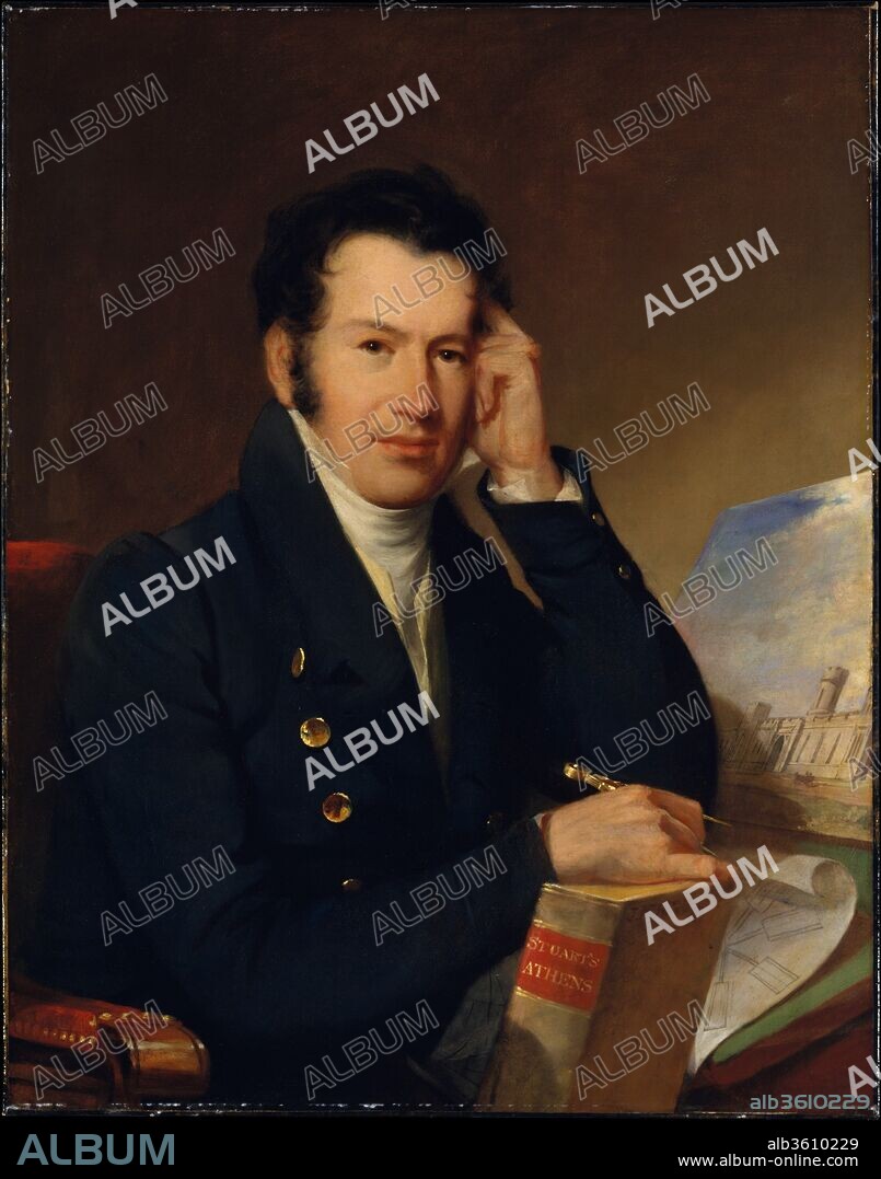 John Haviland. Artist: John Neagle (1796-1865). Dimensions: 33 x 26 in. (83.8 x 66 cm). Date: 1828.
The ingenious British architect John Haviland (1792 - 1852) sat for his contemporary John Neagle, while at work on the building that would make him famous. Haviland's Eastern State Penitentiary in Philadelphia (1823-29), one of the largest architectural projects yet undertaken in the United States, was hailed as revolutionary and epochal. In this portrait, Haviland appears to be checking with calipers his innovative scheme of cells radiating from a central core; his plan would later influence prison design internationally. The watercolor rendering at right shows the neo-Gothic facade of the prison, while the book--a volume of James Stuart and Nicholas Revett's "The Antiquities of Athens" (1762-1816)--betrays his eclectic stylistic interests. Haviland later designed the Hall of Justice in New York (fondly called "The Tombs") and was a founder of the American Institute of Architects.