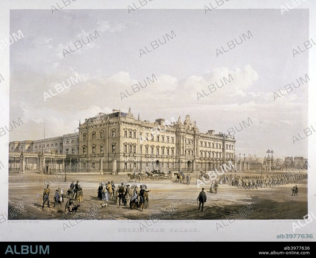 Buckingham Palace, London, 1852. View with figures watching the guard marching.