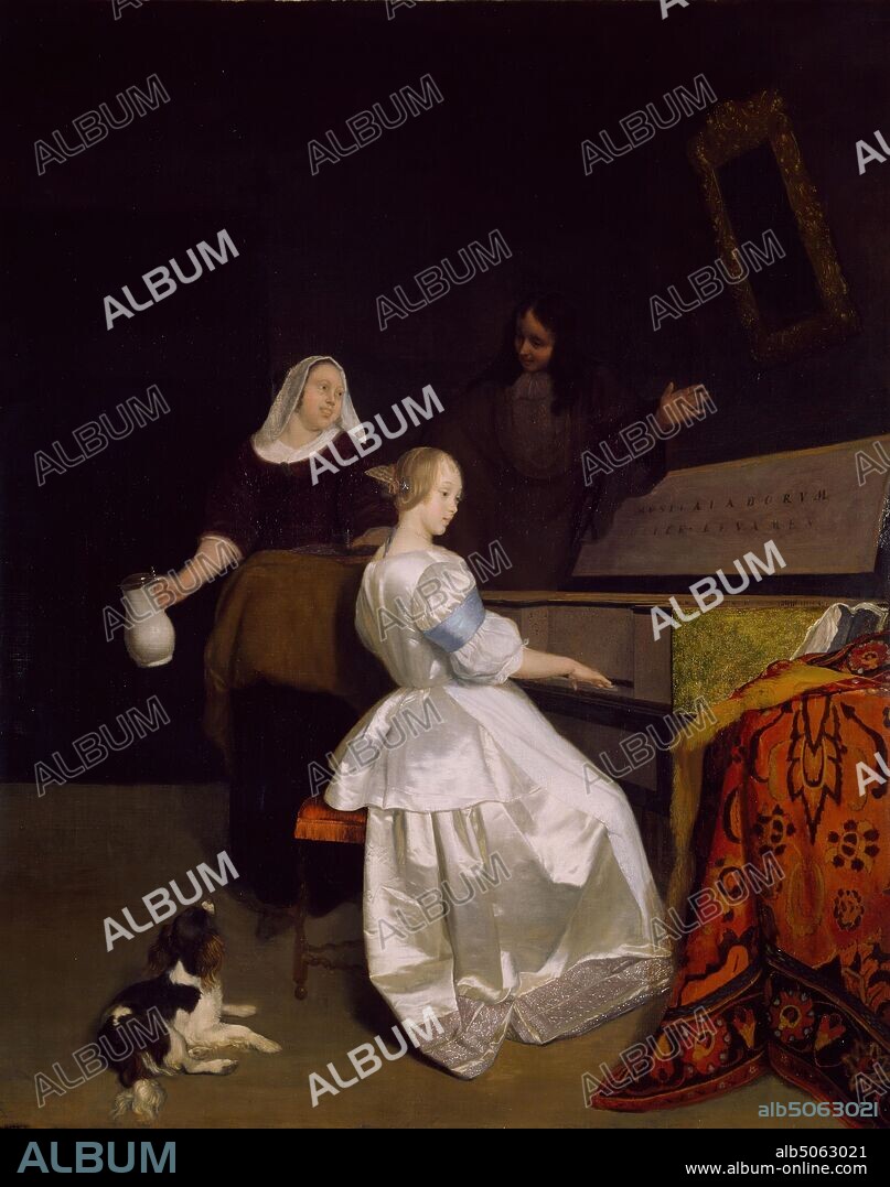 The Music Lesson, 1670-72 By Jacob Ochtervelt, Oil Painting, Dutch, Music, Musical instrument, Piano, Jug, 17th Century, Animal, Dog, Spaniel, Old Master, Teacher.