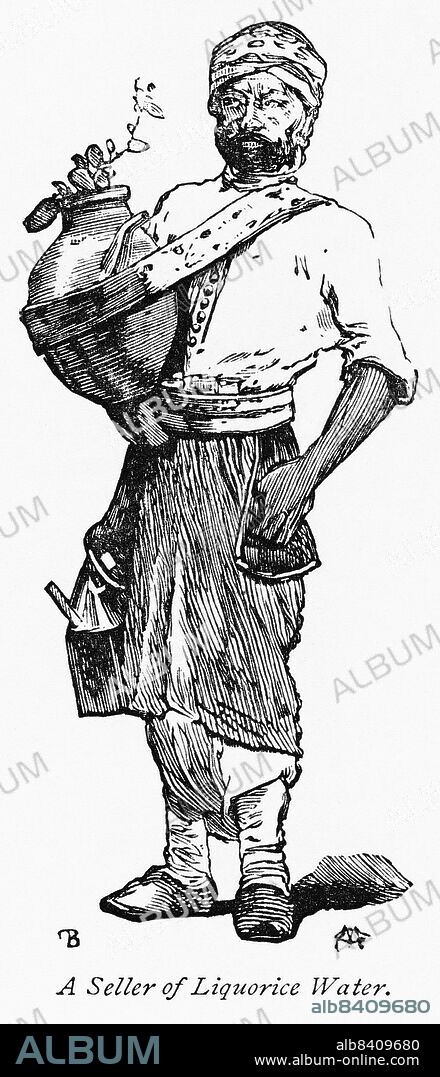 Seller of Licorice Water in Cairo, Illustration from the Book, From Pharaoh to Fellah by C.F. Moberly Bell with Illustrations by Georges Montbard, engraved by Charles Barbant, Wells Gardner, Darton, & Co., London, 1888.