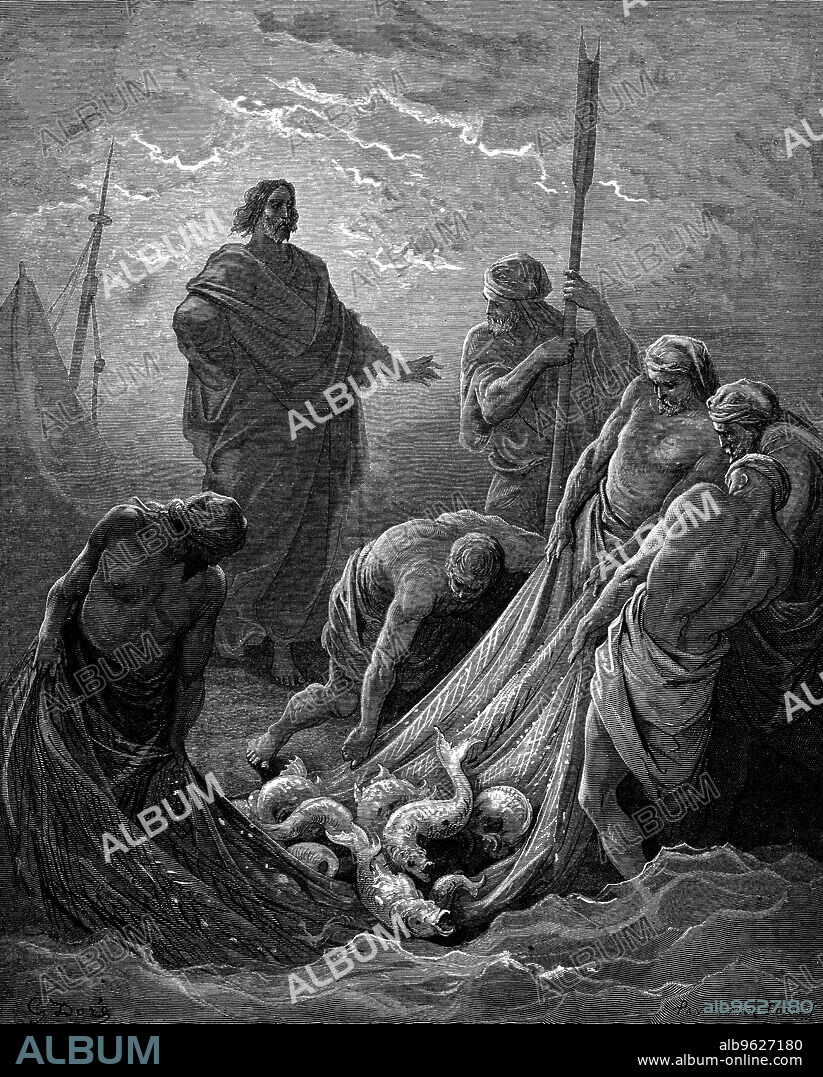 JESUS-CHRIST et GUSTAVE DORé. The miraculous draught of fishes, 1866. In the New Testament gospels chronicling the life of Jesus Christ, there are a number of accounts of miracles. This is the first of the two accounts of miraculous draughts of fishes in the New Testament. In Luke 5:1-11 after an unsuccessful night of fishing, Jesus tells his disciples to cast their nets again; this time they pull in a heavy catch. From  Dore's illustrated Bible. (London, 1866).