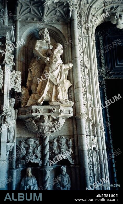Manuel I. der Große, König von Portugal. (1495-1521); Alcochete 31.5.1469 - Lissabon 13.12.1521. Lissabon (Portugal), Hieronymuskloster von Belem - Stifterbildnis König Manuel I. und des Heiligen Hieronymus am Westportal (Skulptur; Entwurf: Nicolas Chanterene, 16. Jahrh.). - Ansicht.- Foto, November 1996.