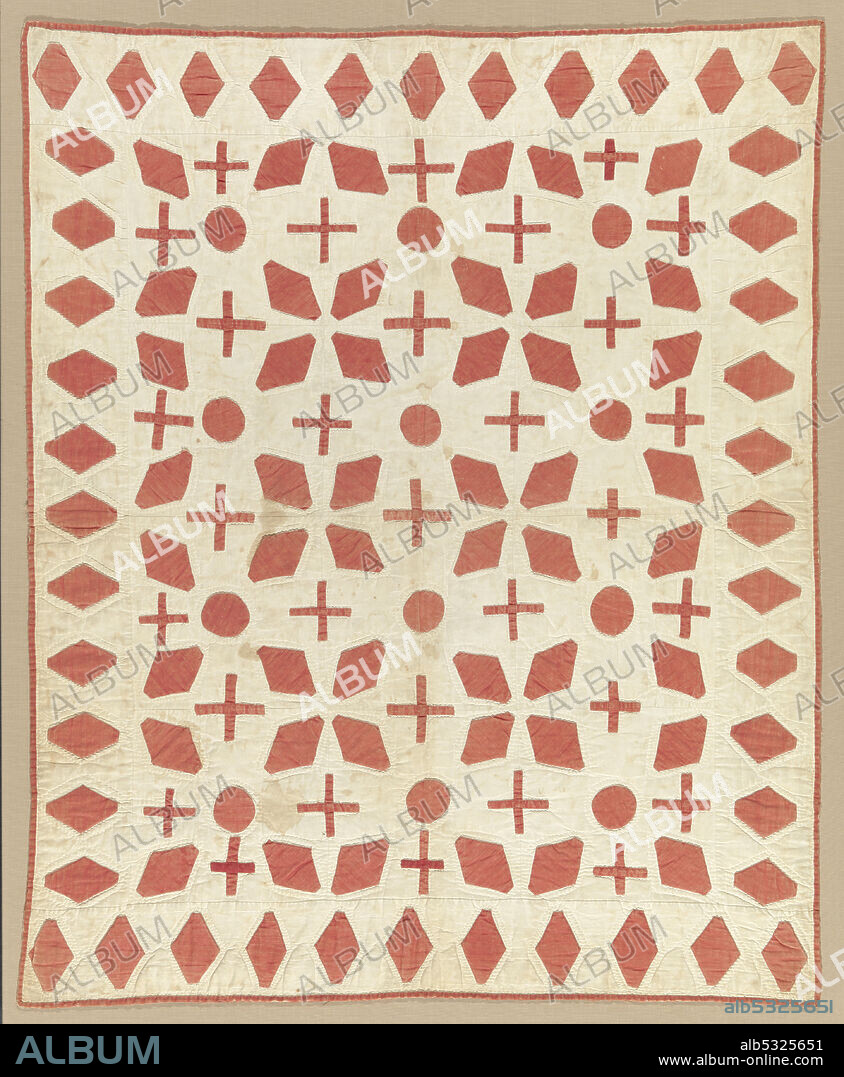 A cream and red appliqued quilted bedcover made from plain cotton fabrics. The top consists of twelve (12) blocks sewn together by hand and decorated with a geometric design using turned hand applique. Each block contains a circle in the center surrounded by four (4) diamonds that have blunt long tips. Crosses are appliqued over the center of the seams that join the blocks, with additional crosses in the spaces between the diamonds around the outer edge. The blocks are bordered by a panel of the repeating blunt-tipped diamonds around all sides. The quilt is bound with the red fabric by hand. A layer of cotton batting is placed between the top and the backing fabric. The top, batting, and backing are joined with quilted stitches in cream thread that surround each applique shape in two rows.