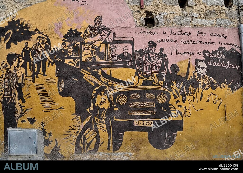 Political mural, artist Francesco del Casino, Jeep, battle for Pratobello, Orgòsolo, Province of Nuoro, Sardinia, Italy, Europe.