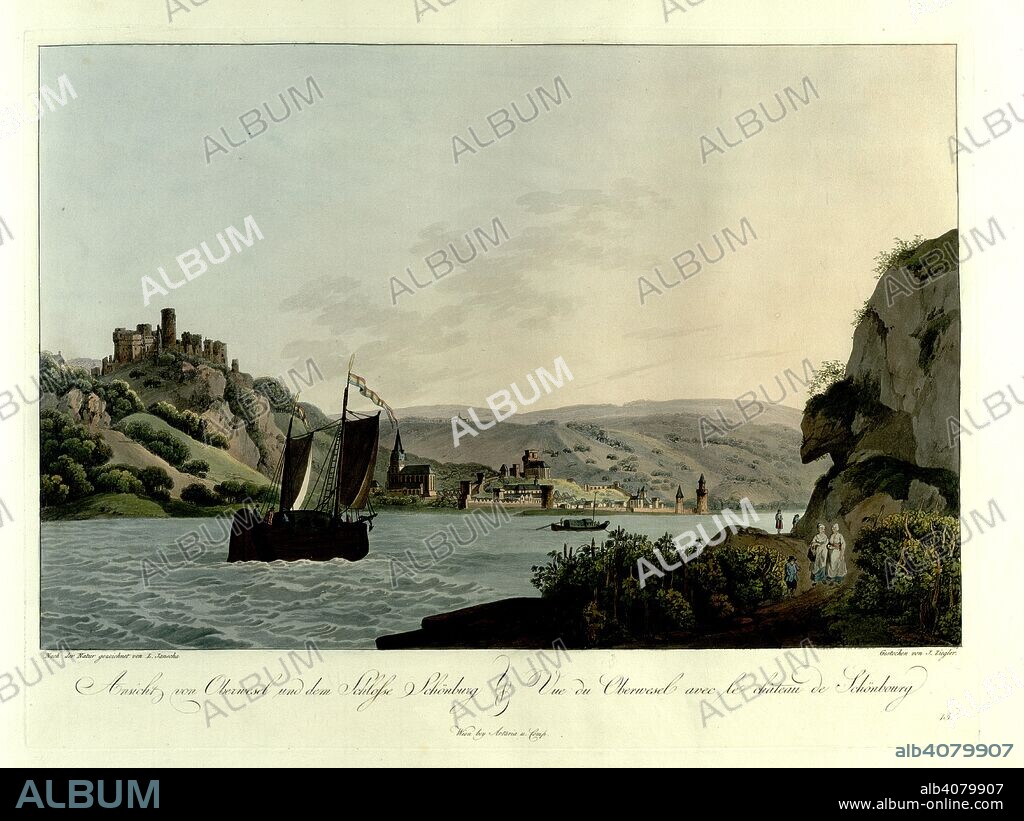 J ZIEGLER. Two women carrying baskets walk among vineyards by the Rhine in the foreground on the right. A sailboat on the left and a view of the town of Oberwesel, its city walls, SchÃ¶nburg Castle and the Church of Our Lady (Liebfrauenkirche) in the background  . Ansicht von Oberwesel und dem Schlosse SchÃ¶nburg = Vue du Oberwesel avec le chÃ¢teau de SchÃ¶nbourg. Wien : bey Artaria Comp., [1798]. hand-coloured etching. Source: Maps 6.Tab.12, plate 18. Language: German and French.
