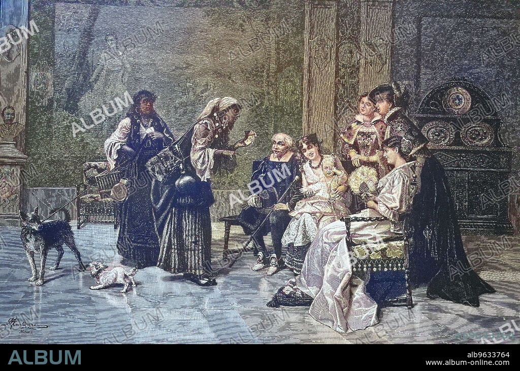 Wahrsagerin, Zigeunerin besucht eine Familie, Prophezeiung durch Kartenspiel, historical, digital improved reproduction of an original from the 19th century / digitale Reproduktion einer Originalvorlage aus dem 19. Jahrhundert, Originaldatum nicht bekannt, ca 1880.