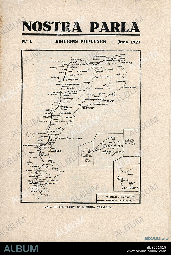Catalunya. Portada de la revista Nostra parla, número 1, publicada en Barcelona, junio 1923. Mapa de los territorios de habla de la lengua catalana.