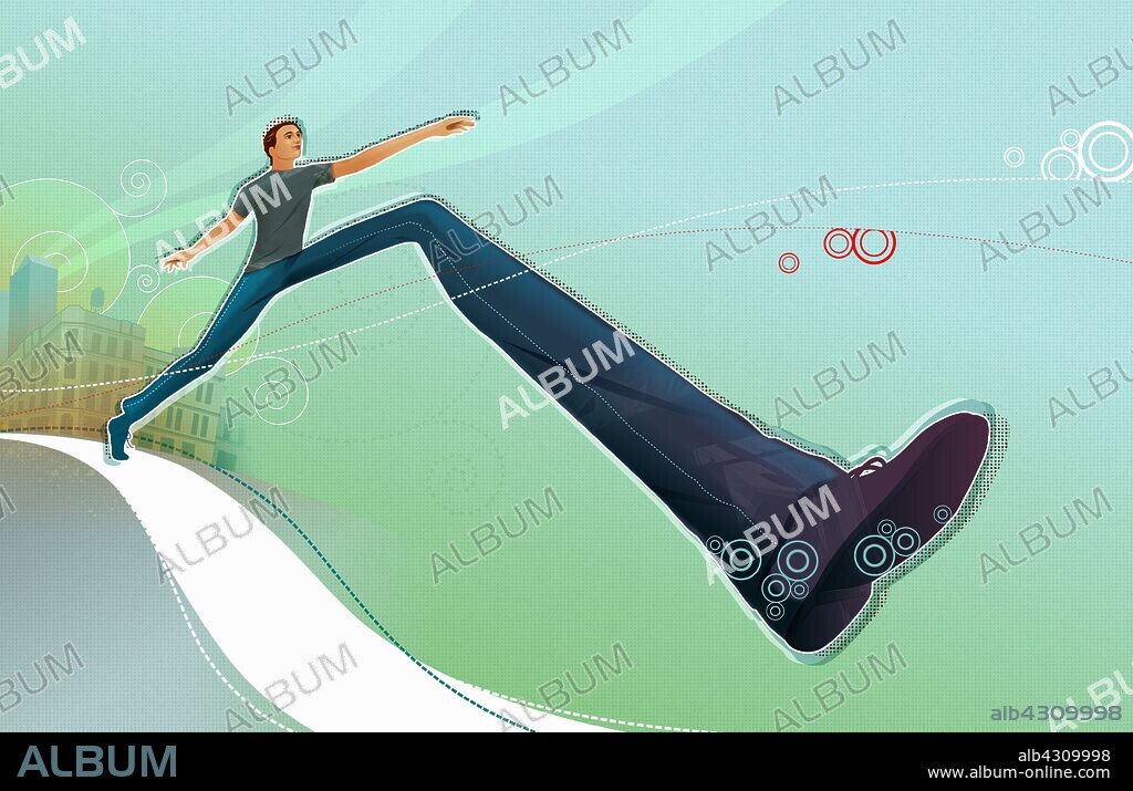 Man taking large stride on path.