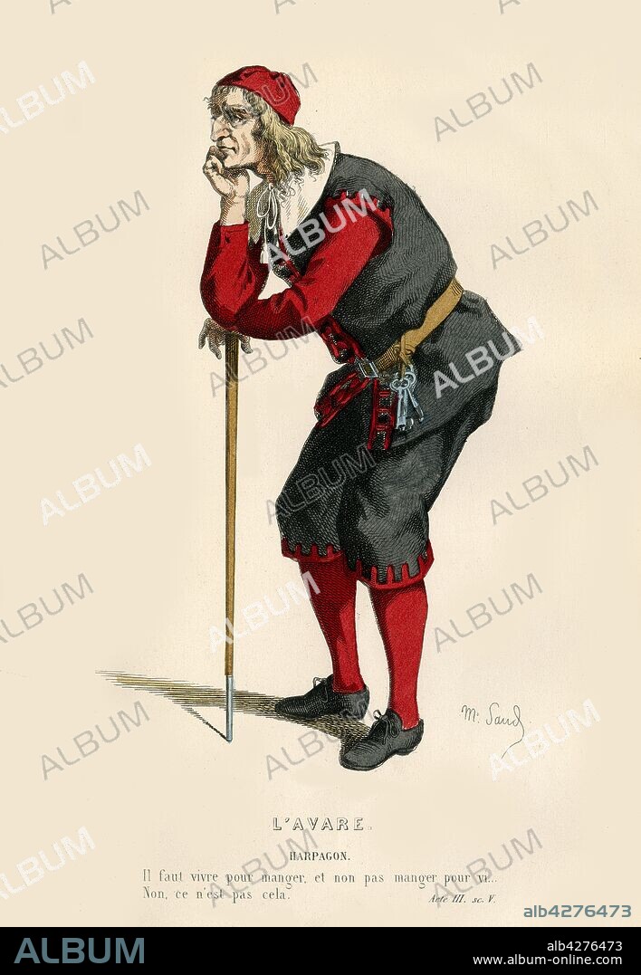 Harpagon, 1868. The character of the miser Harpagon in "L'Avare" (The Miser), a theatrical comedy by Jean Baptiste de Molière, first staged in 1668. From "Oeuvres Complètes De Molière", (Complete Works of Molière), with an introduction by Jules Janin. [F. de P. Mellado, Paris, 1868].