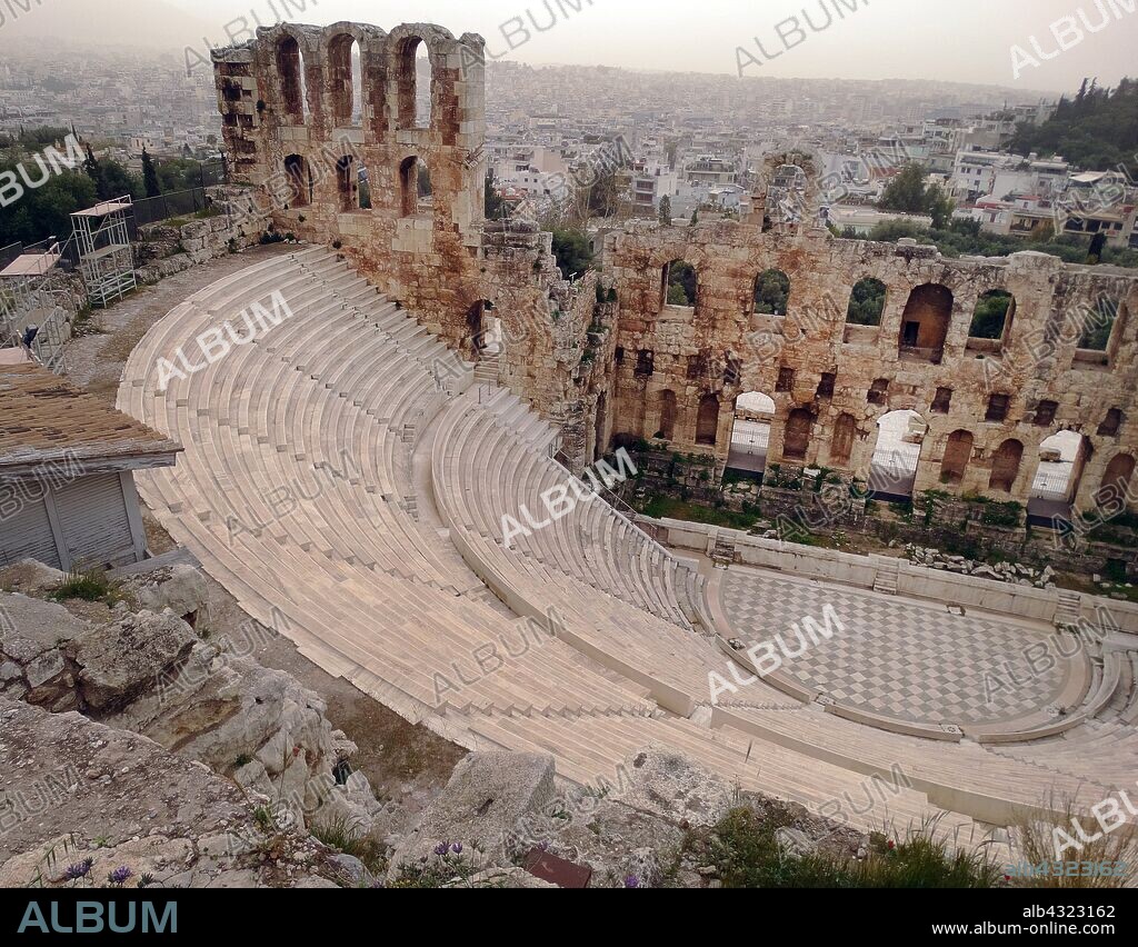 The Odeon of Herodes Atticus, on the southwest slope of the Acropolis of Athens, Greece. The building was completed in 161 AD and then renovated in 1950.