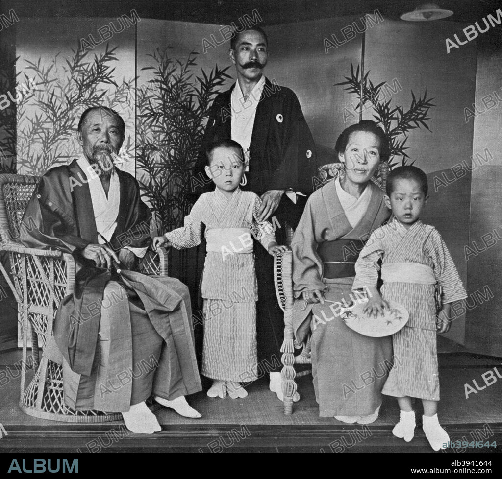 Prince and Princess Ito of Japan and their family, 1909. Ito Hirobumi (1841-1909) was educated in Japan and Britain. He served as prime minister four times between 1885 and 1901. He later served as Resident-General of Korea, which had become a Japanese protectorate after the Russo-Japanese War. Ito Hiobumi was assassinated by An Jung-geun, a Korean nationalist and independence activist, at Harbin, Manchuria, on 26 October 1909. A print from L'Illustration, 30 October 1909.