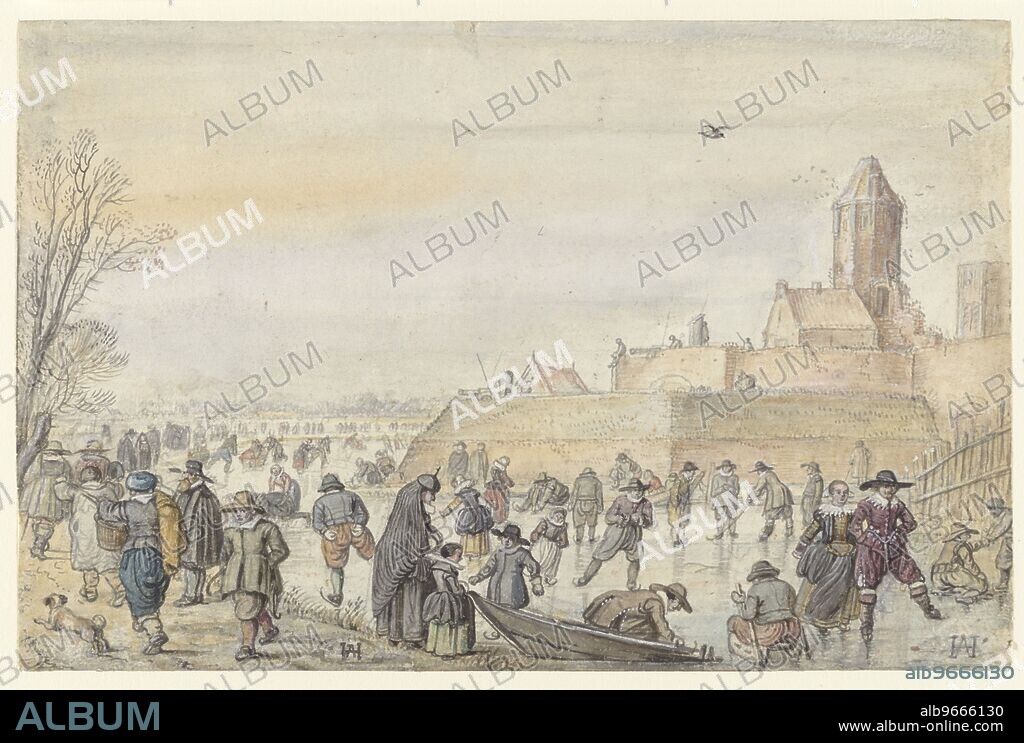 HENDRICK AVERCAMP. Winter Scene on the Frozen Canal near the Kalverhekkenpoort, Kampen / verso: Sketches of Figures on the Ice, before 1607.