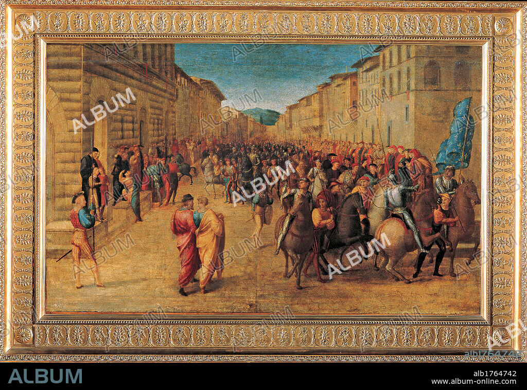 Entrance of Charles VIII, Palazzo Medici, Florence, by Francesco Granacci, 1518 about, 16th Century, tempera on panel, cm 72 x 122. Italy, Tuscany, Florence, Uffizi Gallery. From the Crespi Collection in Milan, then from the Museo Mediceo in Florence. Now in the Uffizi Gallery. All. A soldier waves a flag with the French fleur de lys as the King, armed and on horseback, is followed by the infantry. Many citizens observe the scene lining Via Larga. In front of the mansions. Authorization required for non editorial use.