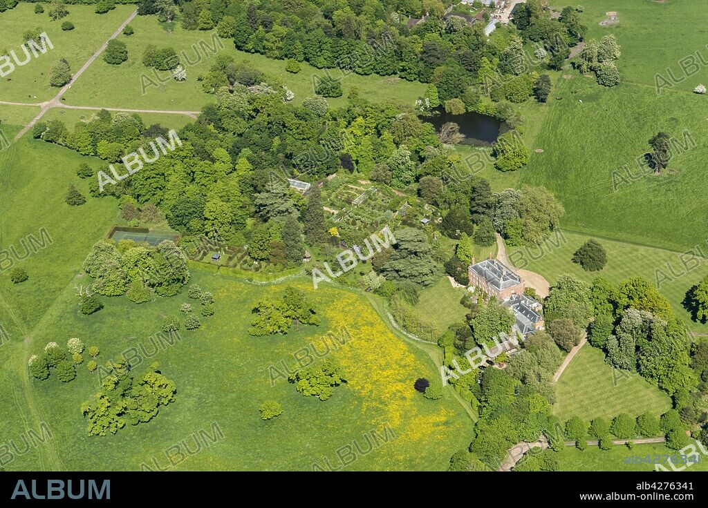 Croxton Manor, Cambridgeshire, 2018. Aerial view showing  the house and the walled garden (now an ornamental flower garden). Croxton Manor was constructed in c1761 on the site of an earlier house with further additions made in the 18th and 19th centuries.