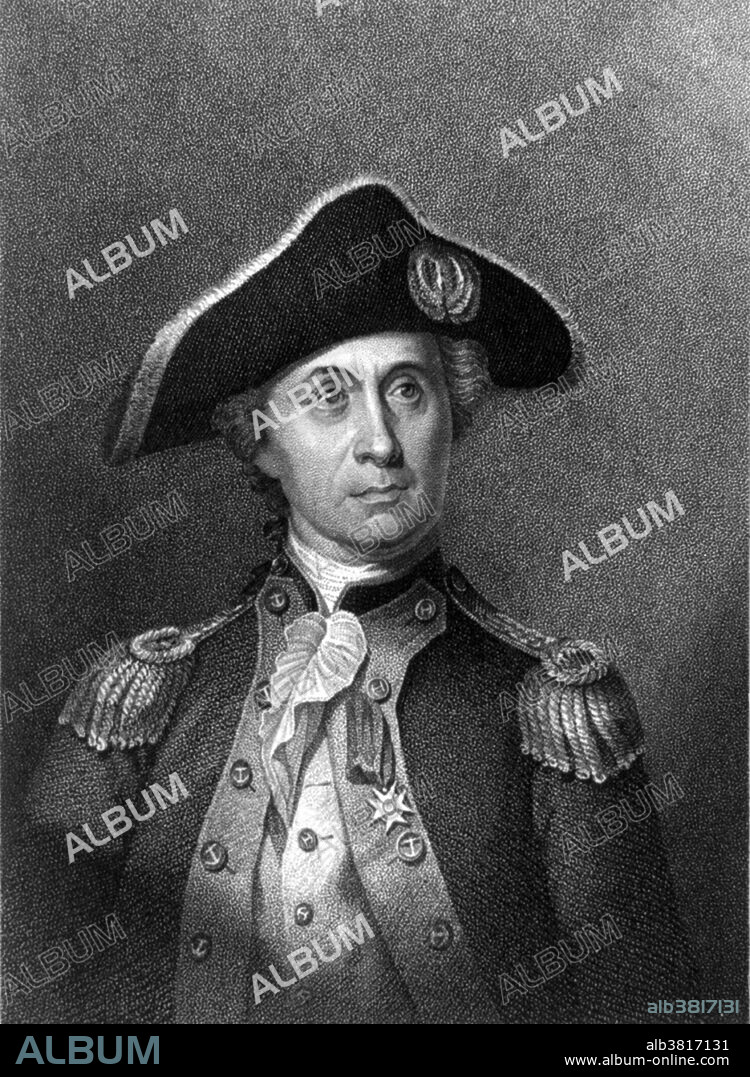 John Paul Jones (July 6, 1747 - July 18, 1792) was a Scottish-American naval hero of the American Revolutionary War. His career at sea began at age 13, and by 21 he was the captain of a ship sailing between the West Indies and British ports. He was commissioned as first lieutenant on the Alfred in the Continental navy and proved himself a capable officer in action. Congress sent him to France as captain of the Ranger with orders to attack enemy commerce in British waters. In 1778 he captured the sloop of war Drake in a fierce struggle which created a furor in the British press. In 1779 he was given command of a fleet of five naval vessels and two privateers. The Battle of Flamborough Head took place on September 23, 1779, in the North Sea pitting Jones' Bonhomme Richard against the British Serapis. With the two vessels lashed together, the British captain asked Jones if he wished to surrender and received the famous reply, "I have not yet begun to fight." The victory was the high point of his career. After the war, he served in the Russian navy in the Black Sea in a war with the Turks. Jones died in Paris, still an American citizen, at the age of 45. Engraving by J.B. Longacre after a painting by Charles Wilson Peale.