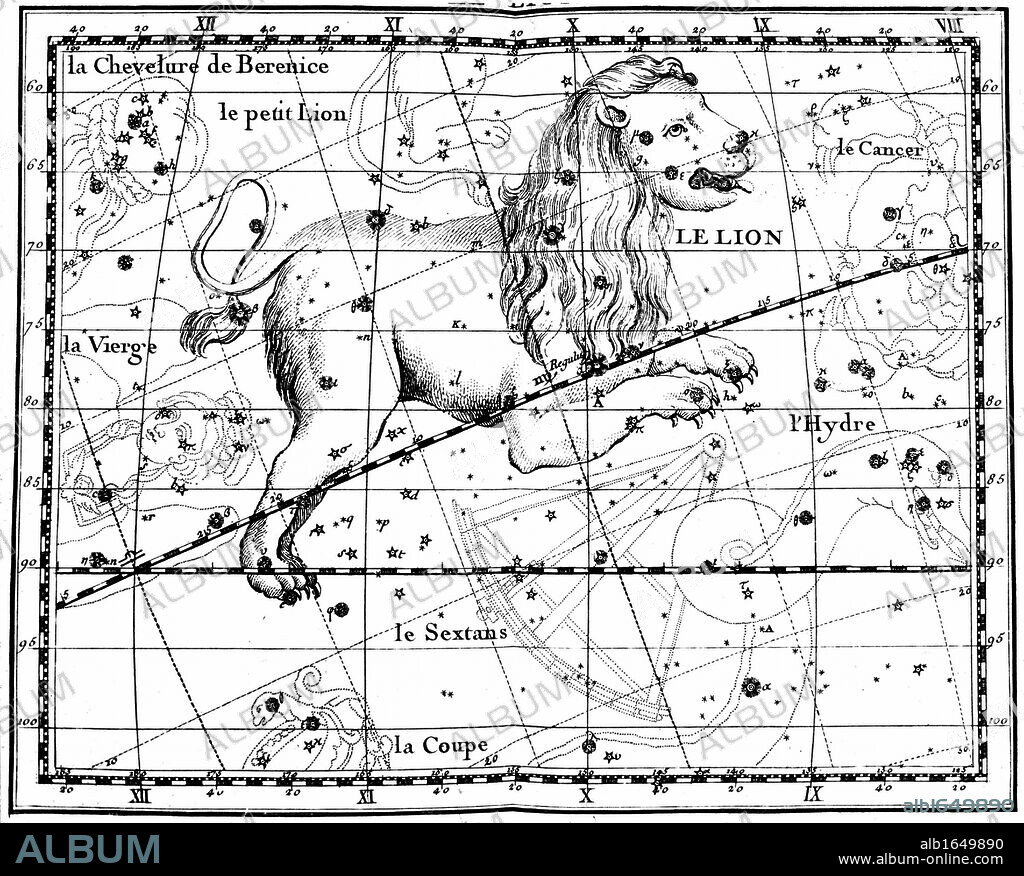 Constellation of Leo from JJ Fortin Atlas Coelestis de Flamsteed Paris 1775. Copperplate engraving.