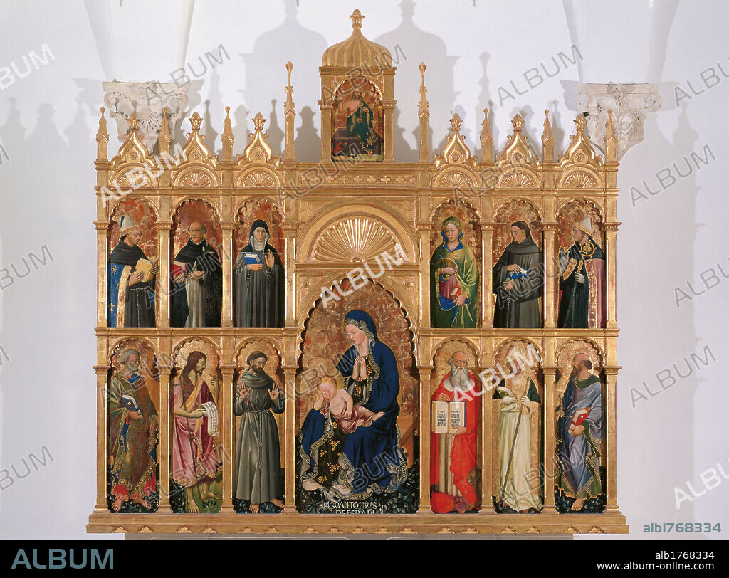 Polyptych of Saint Donato, by Antonio Alberti da Ferrara, 1439, 15th Century, tempera on panel, cm 260 x 270. Italy, Marche, Pesaro Urbino, Urbino, Marche National Gallery. This magnificent polyptych is comprised of 14 panels. The painter Antonio Alberti from Ferrara painted it for the church of San Donato dei Minori Osservanti. On the lapel of the Virgins gown are some verses by Petrarch Vergine bella che di sol.. All. Polyptych frame compartments Saints Peter keys John Baptist cross scroll hides Francis habit tonsure Jerome old beard lion Donato pastoral miter Paul Ludovic mantle cloak fleur de lis Dominic lily monk Clare nun Catherine of Siena mantle cloak green Anthony Bishop pastoral cyma Jesus Christ resurrected Virgin Mary Baby Child mantle cloak embroidery decorations inscription verses. Authorization required for non editorial use.