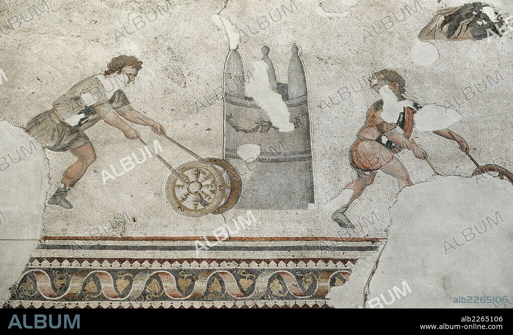 ARTE ROMANO. IMPERIO DE ORIENTE. TURQUIA. Detalle de uno de los mosaicos que decoraban los pavimentos del antiguo Palacio del Imperio Bizantino construido por orden de Constantino (s. IV), llamado el Gran Palacio Imperial. "Niños jugando con aros". Fechado entre los siglos IV-VI. MUSEO DE LOS MOSAICOS (MOZAIK MÜZESI). Estambul. Turquía.
