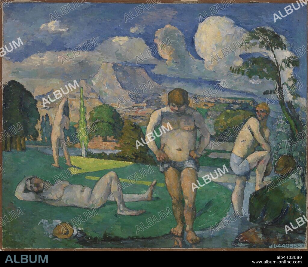 Paul Cézanne: Bathers at Rest (Baigneurs au repos), Paul Cézanne, 1876–1877, Oil on canvas, The blocky peak in the background is Mont Sainte-Victoire, which towers over the Aix region of France, and which Paul Cézanne would paint at least two dozen times. When Cézanne exhibited this painting at the third impressionist exhibition in 1877, critics were unkind. They complained about the aggressively strange anatomies—one figure's hands appear red and paw-like—and about the unclear relationships between the bathers, none of whom seem to interact., Overall: 32 5/16 x 39 7/8 in. (82 x 101.3 cm).