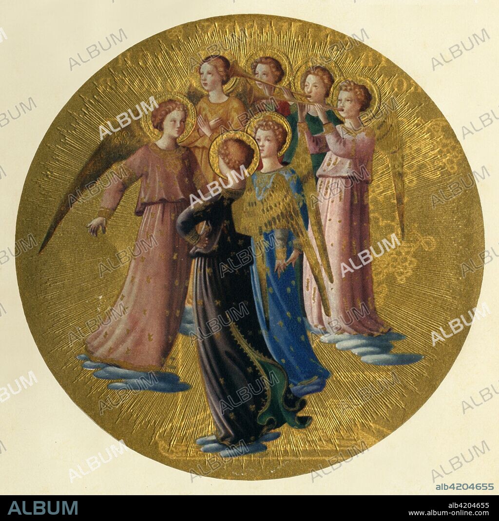 'A Group of Angels', 15th century, (c1909). Italian Early Renaissance painter Fra Angelico (born Guido di Pietro, c1395-1455) was a Dominican friar (his name means 'Angelic friar'), and carried out commissions in Florence, and in Rome for Pope Eugene IV. From Fra Angelico - Masterpieces in Colour, by S. L. Bensusan. [T. C. & E. C. Jack, Frederick A. Stokes Co., London & New York, c1909].