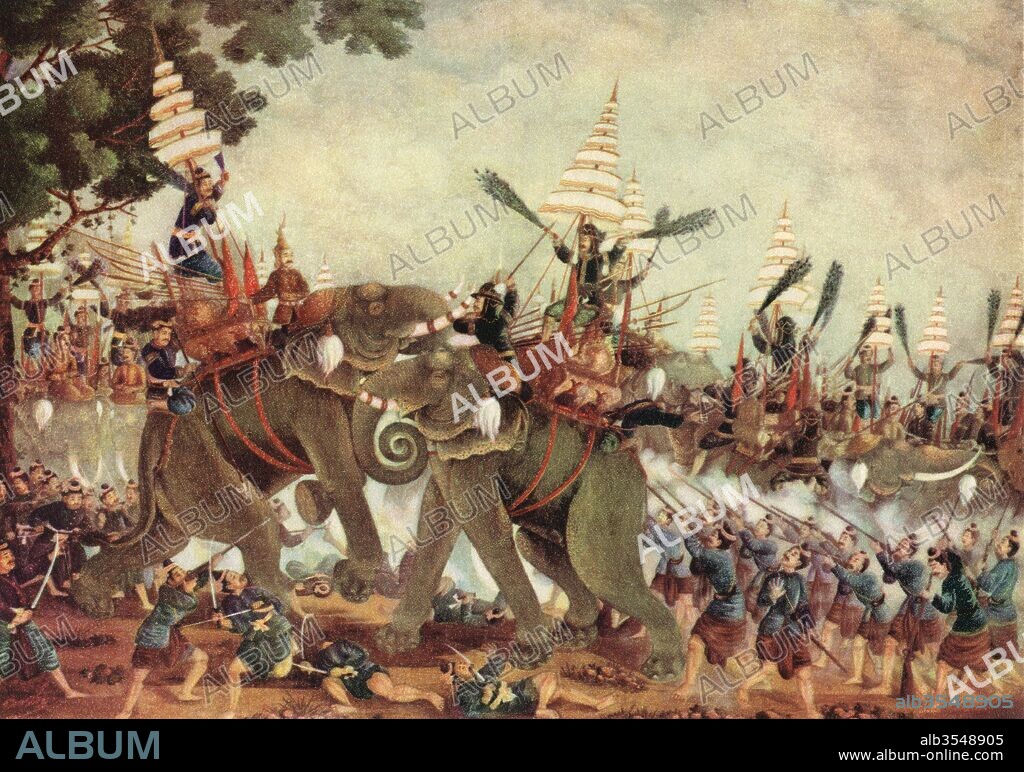 War elephants fighting during the Burmese–Siamese War, 1568–1570. From British Merchant Adventurers, published 1942.