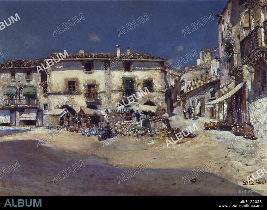 JUAN ROIG SOLER. Plaza del pueblo.  Óleo sobre lienzo. Siglo XIX.