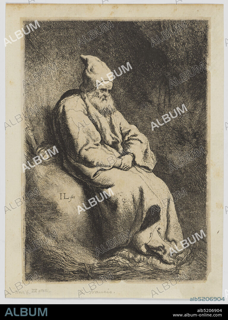 The Hermit, Jan Lievens, Dutch, 1607-1674, Etching on paper, A robed figure seated in a darkened space, seen in 3/4 view, hands in lap., mid- 17th century, figures, Print, Print.