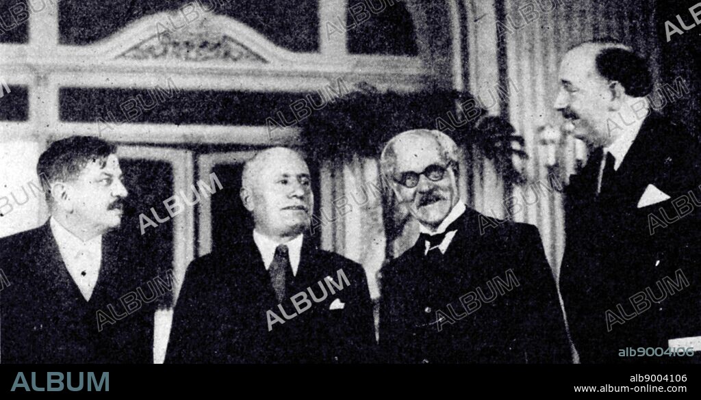 Stresa Conference, April 1935. Italy, France and Britain discuss blocking of German ambitions in Austria. Left ot right: Laval, French; Mussolini, Italian dictator; Macdonald, British Prime Minister; Flandin, French Prime Minister.