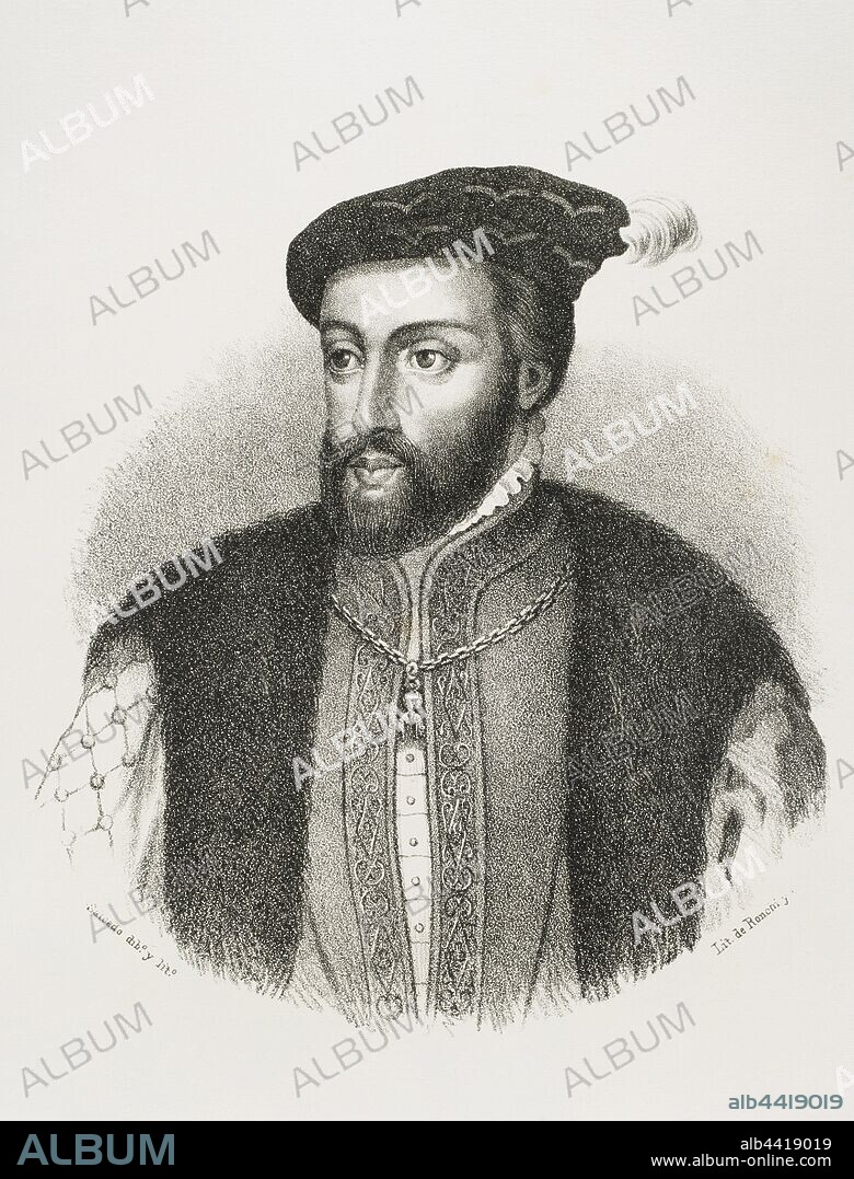 Charles V (1500-1558). Holy Roman Emperor (1519-1556). King of Spain as Charles I (1516-1556). Portrait. Illustration by Salcedo. Lithography. Cronica General de Espa–a. Historia Ilustrada y Descriptiva de sus Provincias. Galicia, 1866.