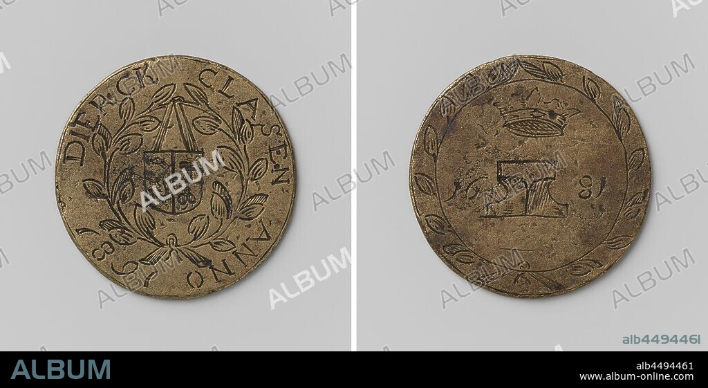 Blacksmith guild from a place in Friesland, guild token from Dierck Clasen, Messing token. Obverse: coat of arms, hanging on a wreath inside an inscription. Reverse: crowned anvil between year within a circumference, Friesland, Dierck Clasen, anonymous, 1681, brass (alloy), engraving, d 3.9 cm × w 150 gr.