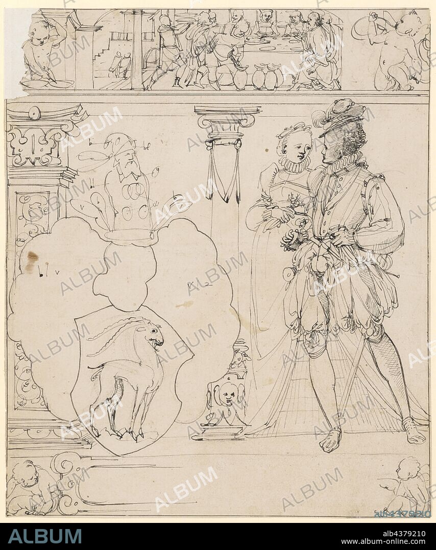 Broken glass with running pair of lovers and the coat of arms Keller zum Steinbock, in the upper picture wedding to Kanaa, feather in black, sheet: 39.3 x 32.9 cm, color information, Tobias Stimmer, (Umkreis / circle), Schaffhausen 1539–1584 Strassburg, Christoph Murer, (?), Zürich 1558–1614 Winterthur.