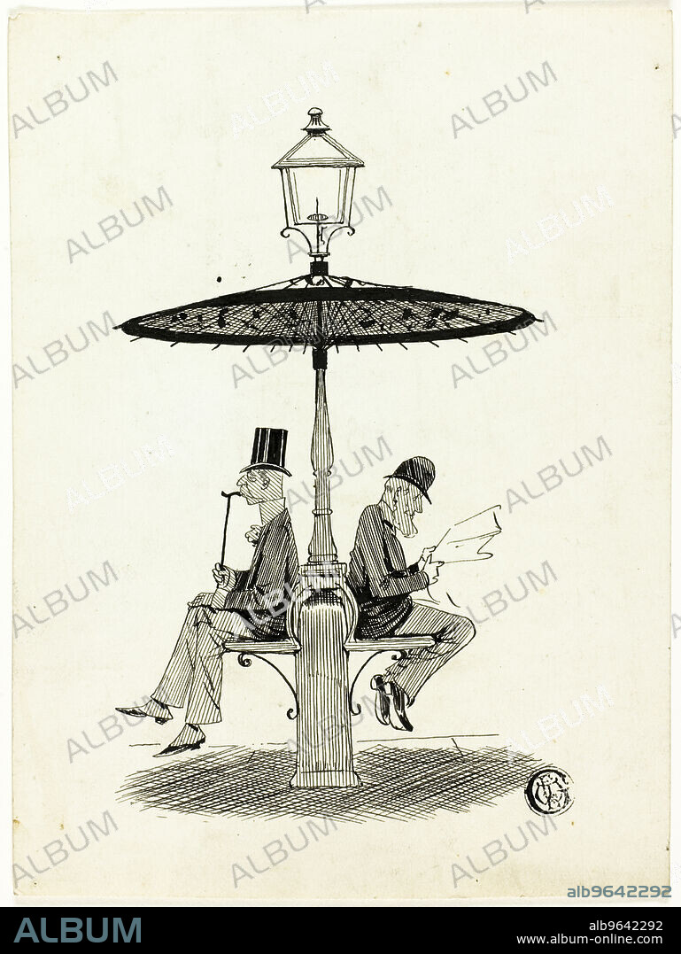 S. F. PAYNTER. Two Gentlemen Seated Under Lamp Post with Japanese Umbrella, 1850/1911.