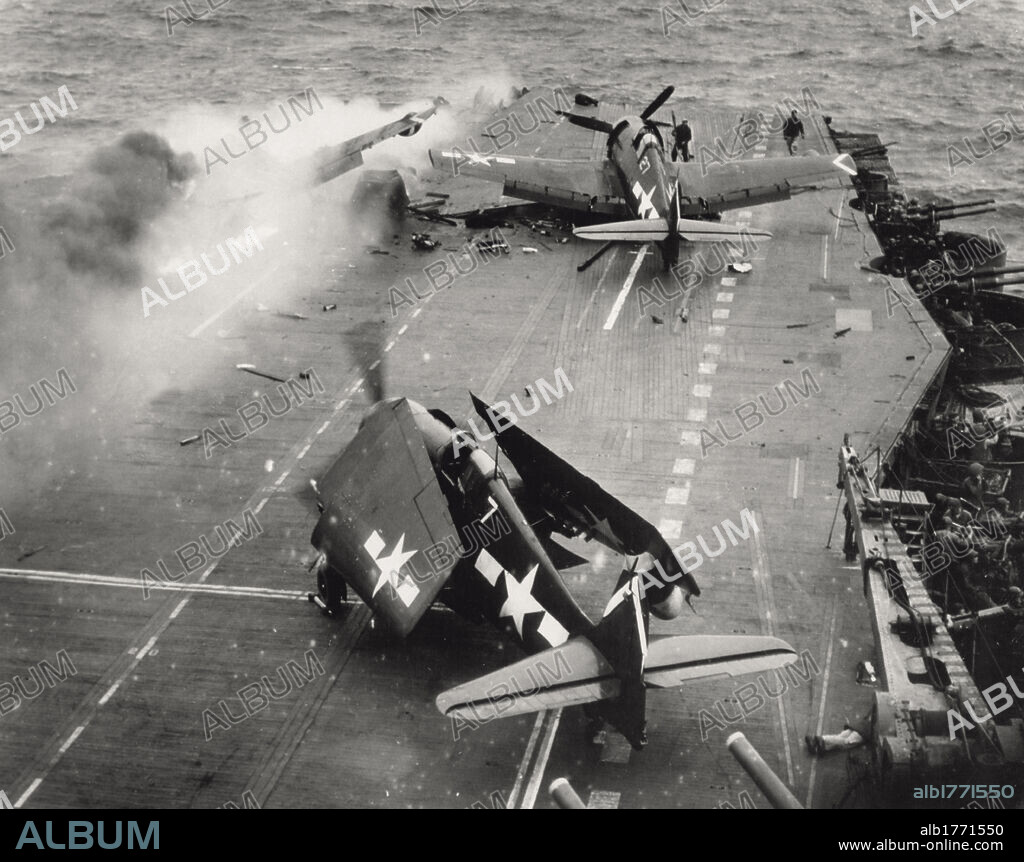 US aircraft-carrier is struck by a kamikaze attack. A Japanese kamikaze aircraft has just struck the deck of the US aircraft-carrier 'Saratoga' CV-3, flying to Iwo Jima, and has caused a fire. Pacific Ocean, February 21, 1945.