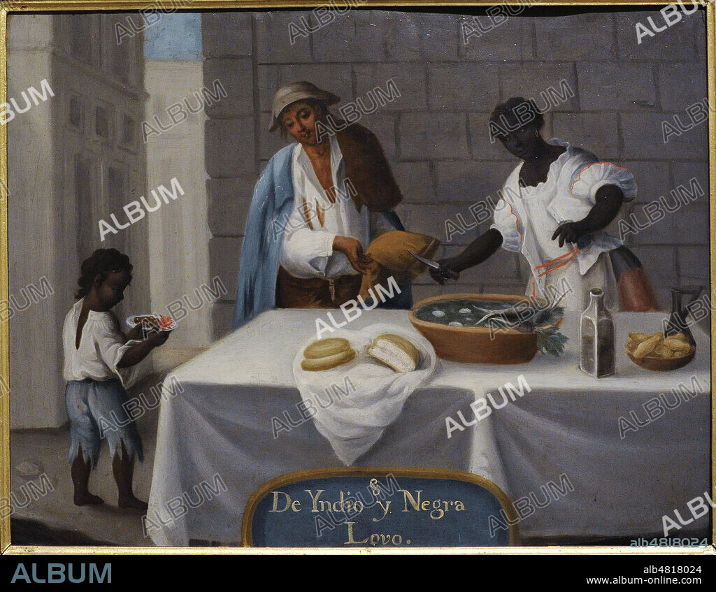 Pintura de castas. Pintura anónima. De indio y negra, lobo. Oleo sobre cobre (48 x 36 cm),1775-1800. Virreinato de Nueva España. Escuela Mexicana. México. Museo de América. Madrid. España.