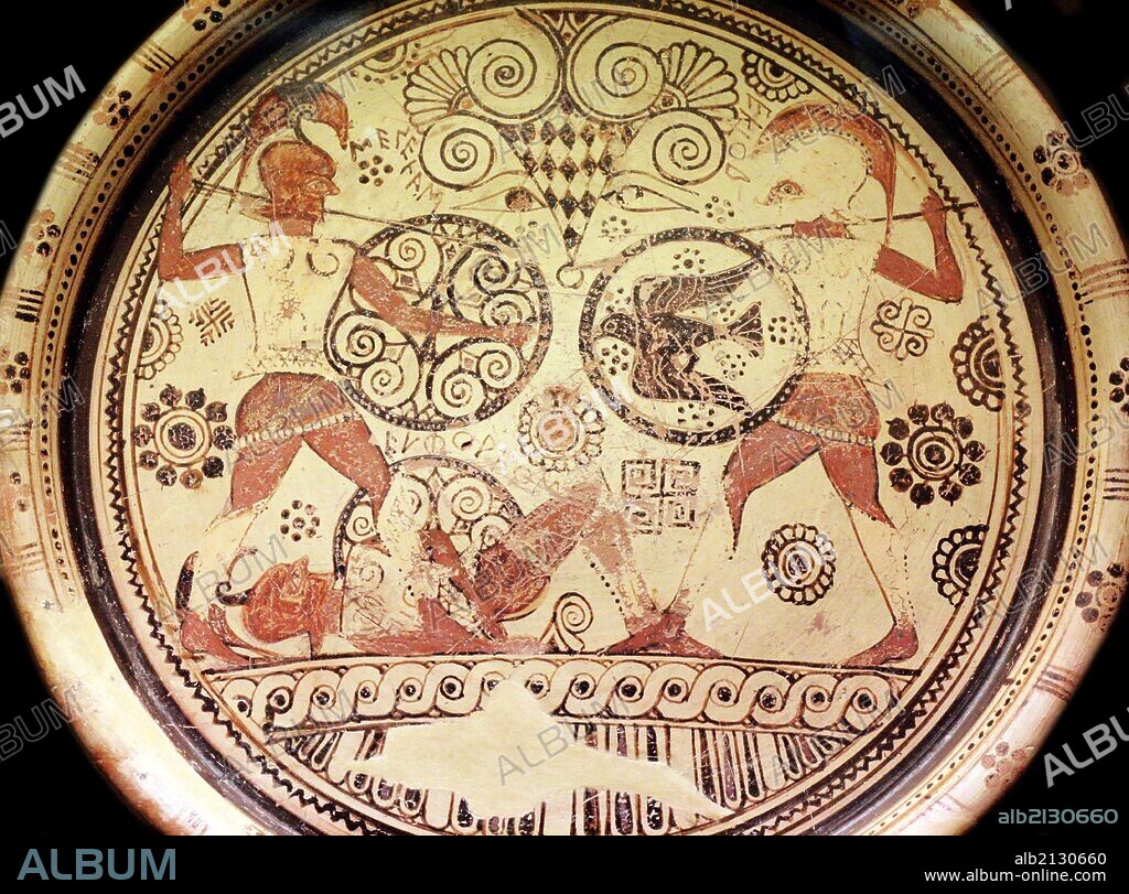 Plate showing Menelaus and Hector fighting over the body of Euphorbos.Made on Rhodes, about 600 BC. From Kamiros, Rhodes (Photo by: Universal History Archive/UIG via Getty Images).